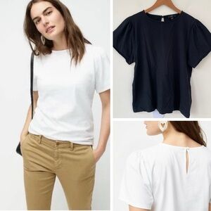 J. Crew Puff Sleeve Black Cotton Classic Tee L Large Keyhole Back